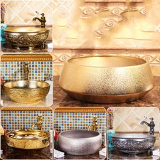 Vanity Gold Ceramic Bathroom Basin Vessel Sink Mixer Faucet Tap Pop-up Drain Set