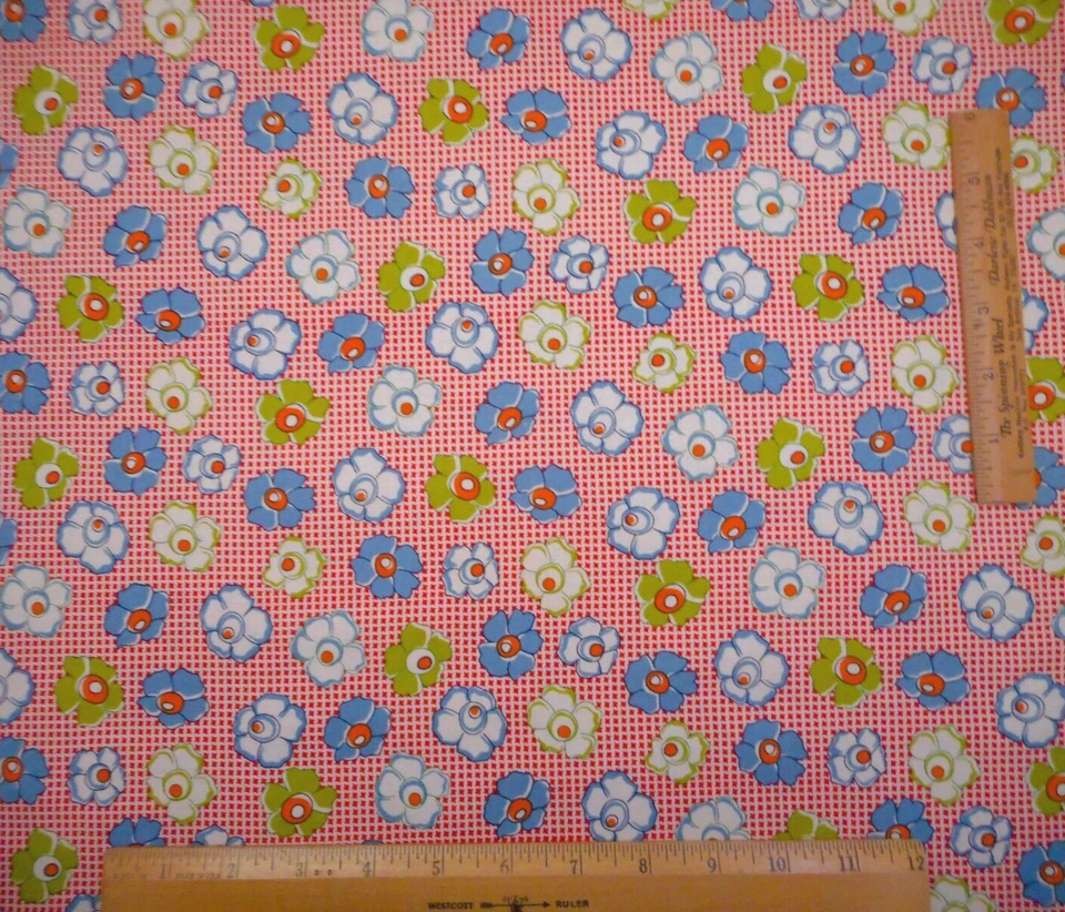 30s Reproduction Fabric 1 1/8 Yard Blue Green Floral Red Cream Moda Cotton Vtg - Image 2 of 2
