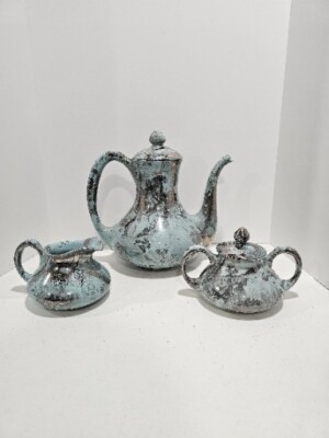 Vintage Sascha Brastoff Surf Ballet Turquoise & Silver Mid-Century Tea  Set
