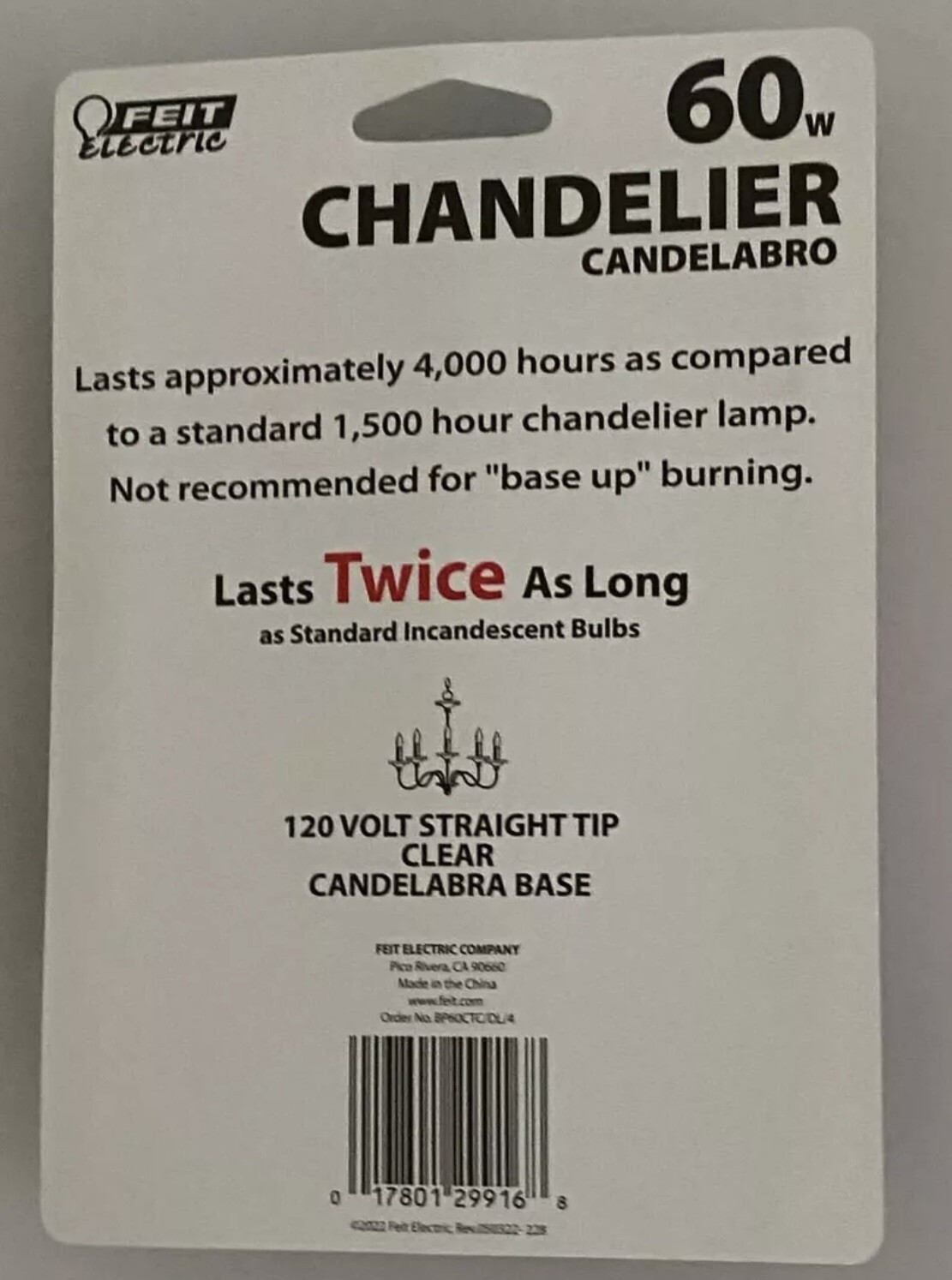 Feit Electric Chandelier 4 bulbs 60 W Light Bulbs Candelabra Base