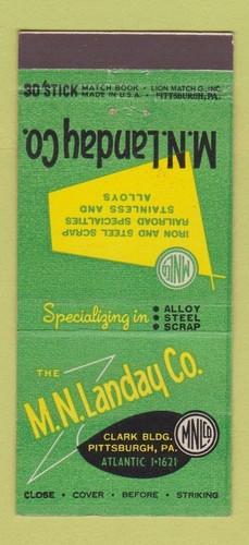 Matchbook Cover - MN Landay Iron Steel Scrap Pittsburgh PA 30 Stick