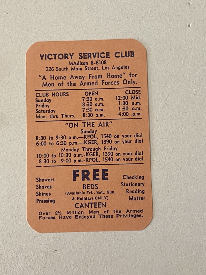Rare Vintage Victory Service Club, Los Angeles, Calif. 1959 Card