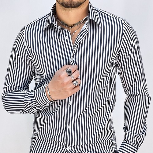 Camicia Uomo Manica Lunga Cotone a Righe Elegante Slim Fit S M L XL XXL RDV - Foto 26 di 26