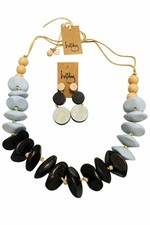 Boho Wood Necklace Earrings Set Natural Blue Brown Statement Jewelry