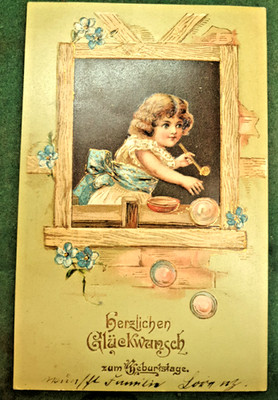 Antique Litho Postcard 1907 Görlitz AK Relief Embossed Card Girl Soap Bubbles
