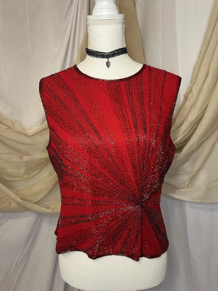 Blusa de Colección Papell Boutique Seda Cuentas Hadas Top Sin Mangas Adornada Talla Grande Foto 2 de 4