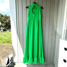 Vintage 60s/70s House of Bianchi Green Maxi Dress M/L Keyhole Back Mod Ruffle He