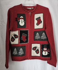 Croft  Barrow Christmas Cardigan Zip Sweater Size S Red Snowmen Mittens Trees