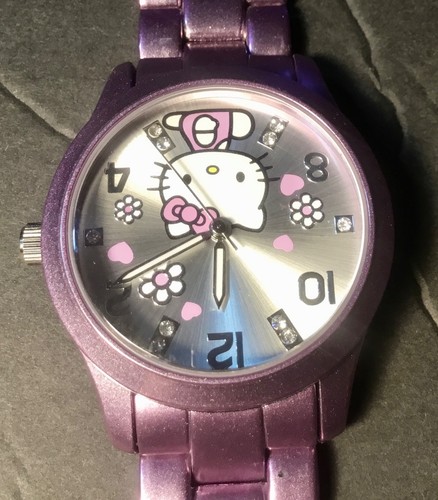 2012 MZB SANRIO HELLO KITTY LILA EDELSTAHL UHR HERZEN & BLUMEN ZIFFERBLATT - Bild 4 von 13