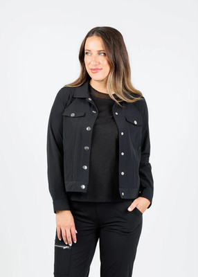 Chicos Sz L Black Casual Stretch Jacket Chest Slash Pockets Button Up