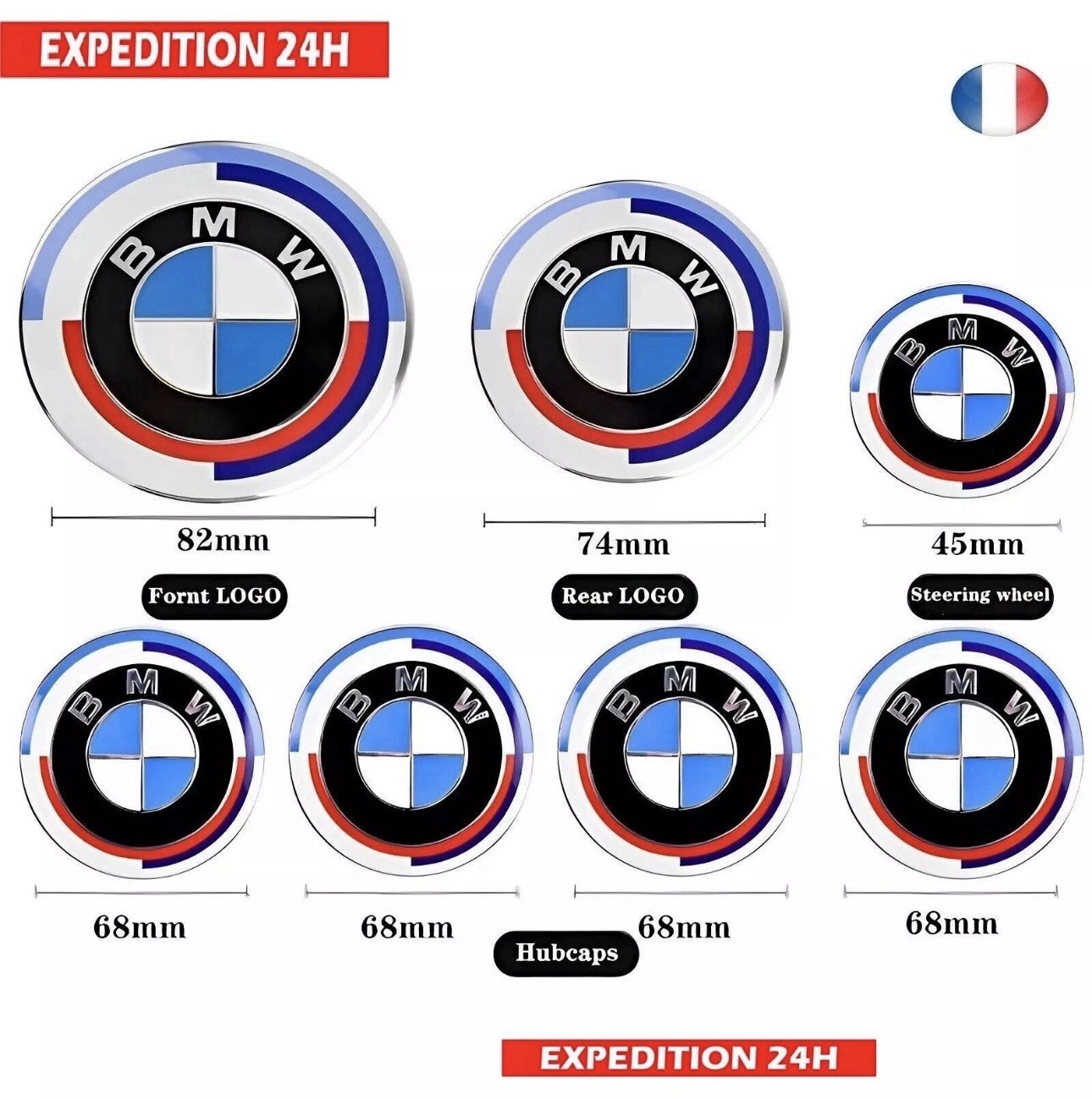 7 Emblèmes BMW 50e Anniversaire pour Capot Coffre Volant et Jantes de 82mm