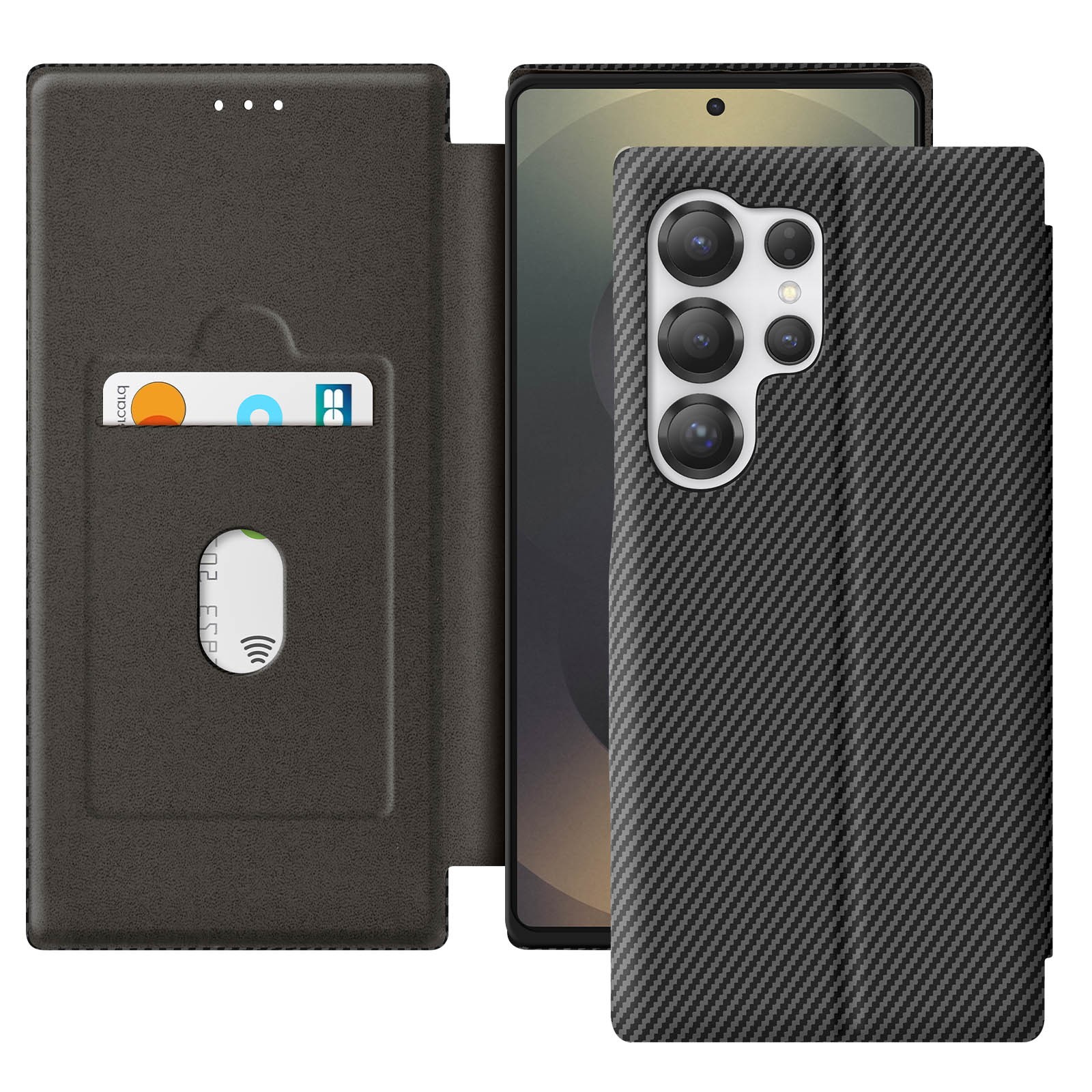 Étui S25 Ultra anti-RFID aspect carbone, parfait pour voyage et vidéos nomades