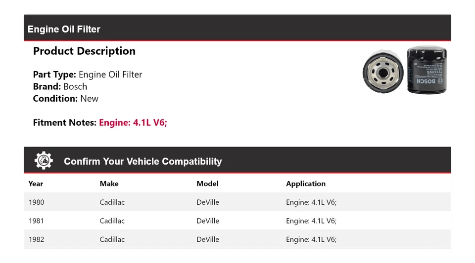 Filtro de aceite de motor Bosch 1981 para Cadillac DeVille 1980-1982 4,1 L V6 Foto 2 de 3