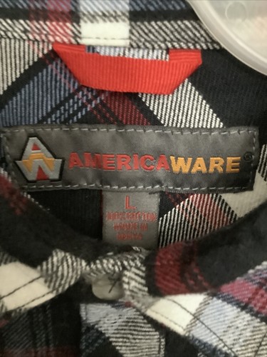 Camisa de franela Americaware manga larga abotonada negra a cuadros para hombre talla cuello grande - Imagen 12 de 19