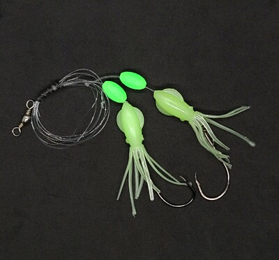 Hi-Lo 30 lb Fishing Rig 2 Hooks Bait 2.5" GLOW B2 Squid Teasers Fluke Sea Bass | eBay Hi-Lo 30 lb Fishing Rig 2 Hooks Bait 2.5" GLOW B2 Squid Teasers Fluke Sea Bass | eBay