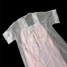 Vintage Nightgown Robe Set Sheer Pink Lace Movie Star Lingerie 1960s Gown Med 
