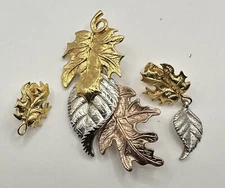 Vintage Avon Tri Color Leaves Brooch an Earrings Set Collectible Autumn Leaf Pin