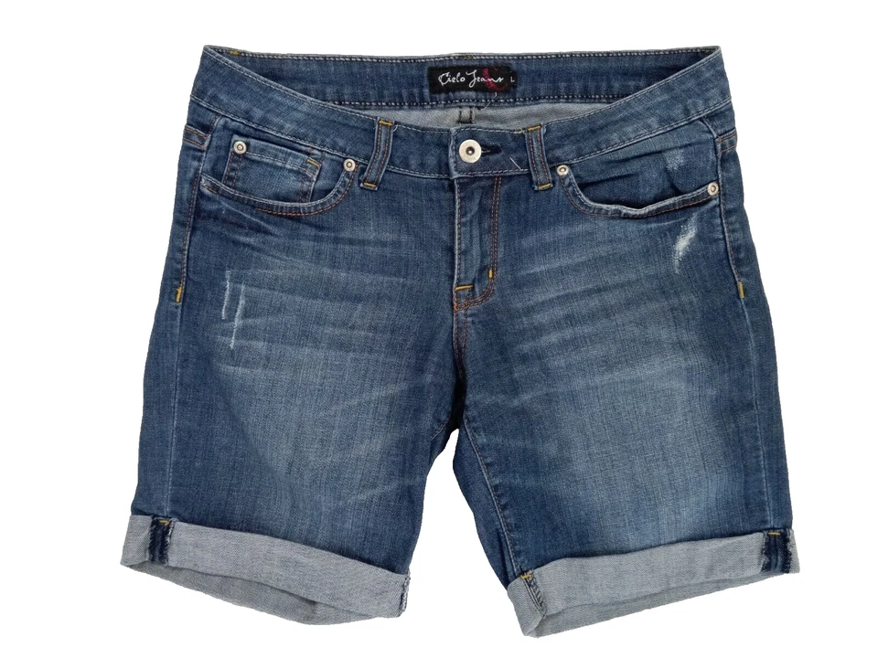 Pantalones cortos de mezclilla Cielo Jeans para mujer talla L azules desgastados con puños elásticos Foto 2 de 4