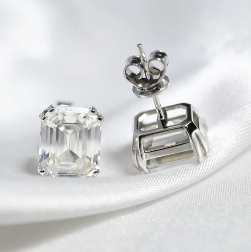 4ct D VVS1 Emerald Cut Moissanite Women's Stud Earrings 18K White Gold Plated - Picture 7 of 12