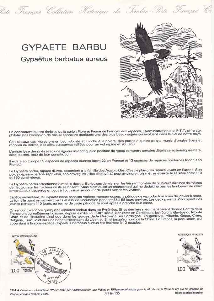 Document Philatélique 1er Jour : 30 1984 - Oiseaux Gypaete Barbu - Photo 1/1