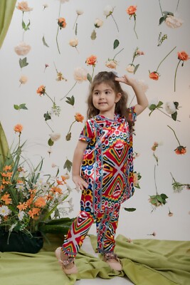 Ikat Silk Handmade Dress with Pants for Girls Kids in Tajik/Uzbek National Atlas