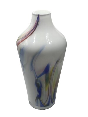 12  White Vase W/ Blue Red Yellow Swirl  Dalian Glass Co. Ltd Like Murano