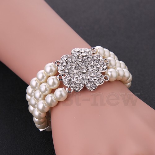 1920s Pearl Headpiece Flapper Great Gatsby Rhinestone Headband Bracelet Ring Set - Picture 5 of 31
