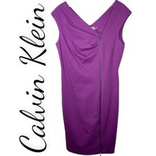 NWOT CALVIN KLEIN Magenta Purple Asymmetric Front Zip Knit Sheath Dress, Size 8
