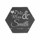 Personalised Engraved Polygon Slate Wedding Coaster Mr&Mrs with Hearts