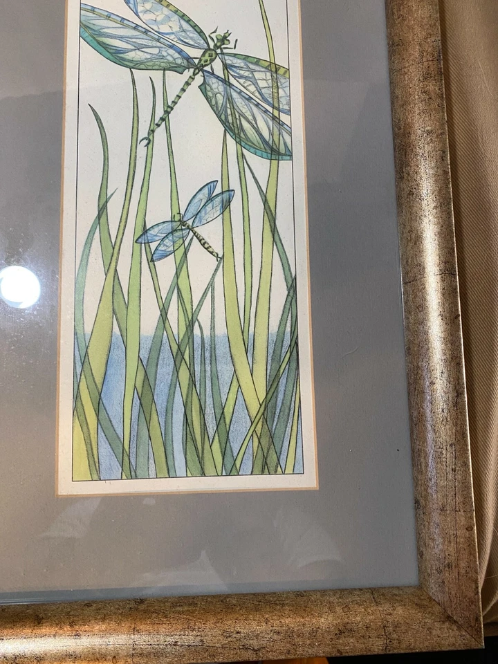 "Dragonflies Among Grass Scene" - Ink And Watercolor Painting - Framed - Image 4 of 4