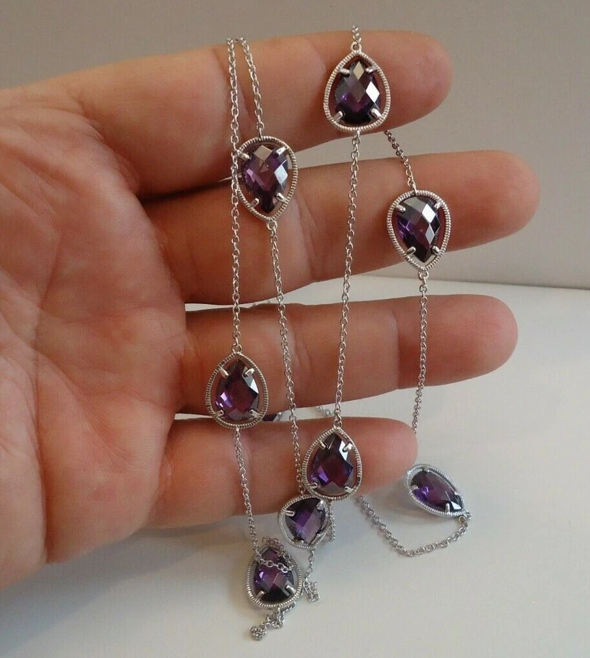 COLLAR LARGO EN FORMA DE PERA 36"" CON PIEDRAS PRECIOSAS DE LABORATORIO DE AMATISTA/PLATA DE LEY 925 Foto 2 de 4