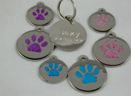 Glitter Paw  pet ID Tags, Dog/cat personalize custom engraving Aluminum  enamel - Photo 1 sur 15