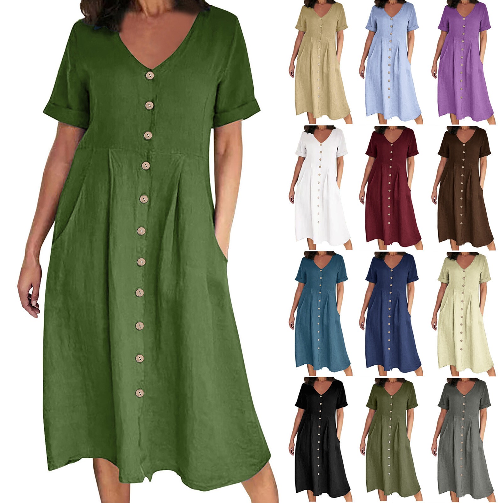 Women Short Sleeve Midi Dress Cotton Linen Ladies V Neck Summer Beach Sundress=M