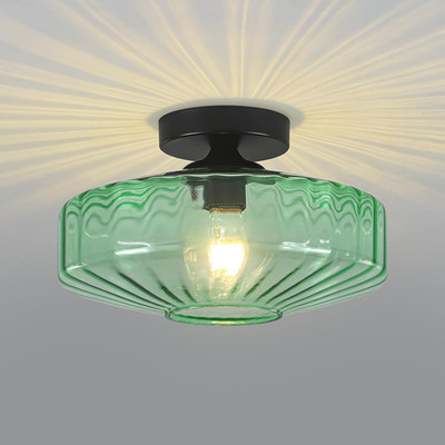 Semi Flush Mount Ceiling Light, 11.8'' Vintage Green Glass Ceiling Lights, 1-Ligh