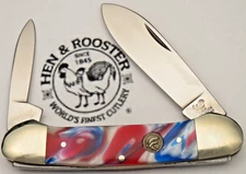 Vintage HEN & ROOSTER BERTRAM GERMANY 252 Canoe Knife - Red Swirl Handles - MINT