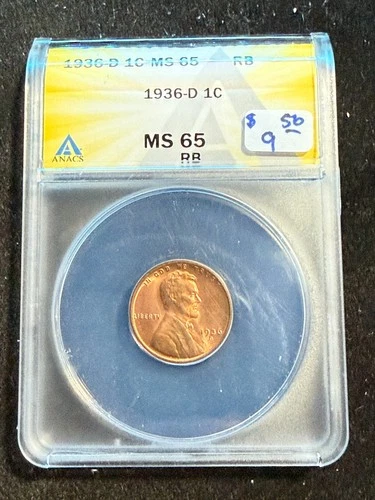 1936 D LINCOLN WHEAT CENT ANACS MS 65 RB 182