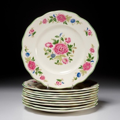 Palissy Pottery Vtg English Green Pink Floral Salad Plates 10pc Lot 8''dia