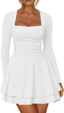 Square Neck Ruffle Mini Dresses Ruched Waist Long Sleeves Short Party Dresses