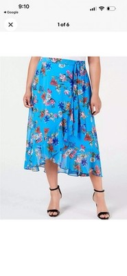 Calvin Klein Plus Size 16W Ocean Blue Multi Ruffled Faux-Wrap Midi Skirt NWT $99