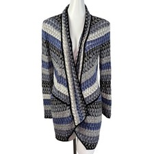 Nic Zoe Blue Gray Black Geometric Linen Blend Open Front Long Cardigan Women  s M