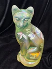 Fenton Lily Trail on Topaz Opalescent Stylized Cat Figurine Glows Under UV Light