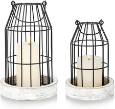 Rustic Wire Metal Cloche Set of 2 Candle Lantern Decorative Indoor Outdoor Vi...