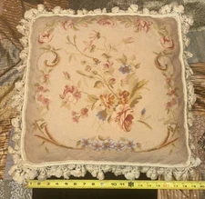 Vintage Aubusson Floral Needlepoint French Country Down Fill Throw Pillow 19”
