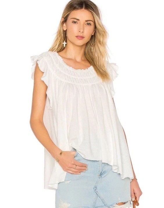 FREE PEOPLE Coconut Gathered Tee White Flutter Sleeve Sz M