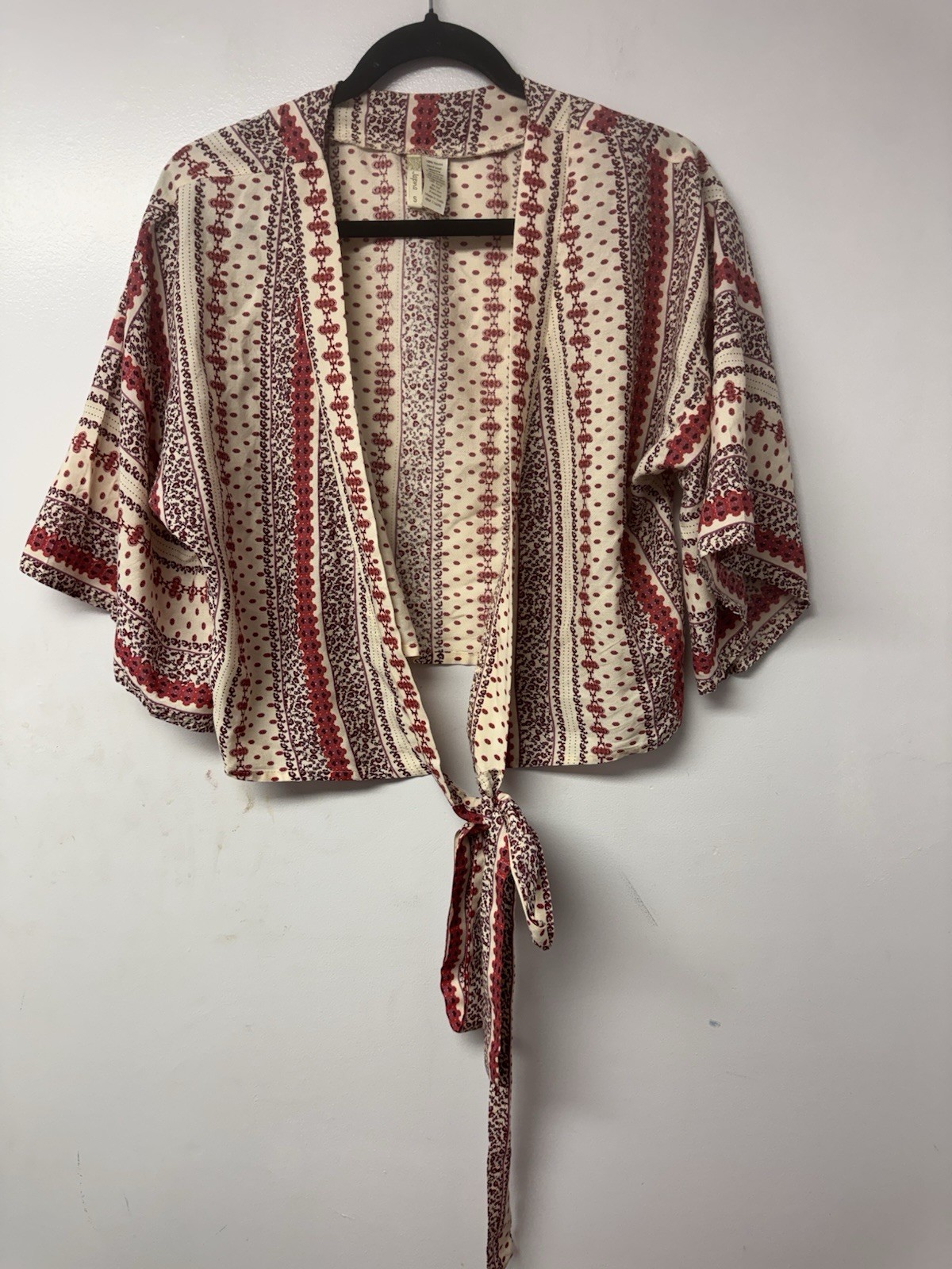 Japna Red Cream Stripe Tie Front/ Back Kimono Top S Boho Festival Crop Blouse A2 image 2
