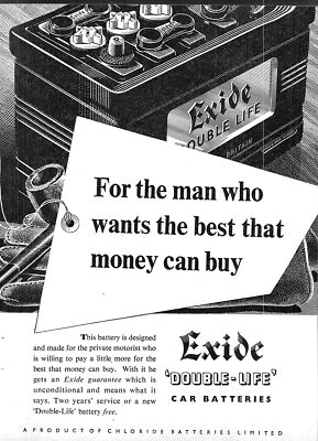 1955 Reklame EXIDE ''Double-Life'' Autobatterien Oldtimer Originaldruck Anzeige Ephemera