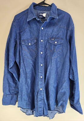 VTG Mens Wrangler Western Shirt Jacket Sz L Denim Jeans Pearl Snap