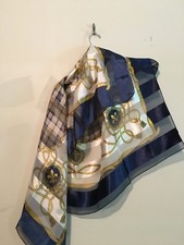 Women Navy Blue Cream Golden Yellow Silk Feel Scarf One Size
