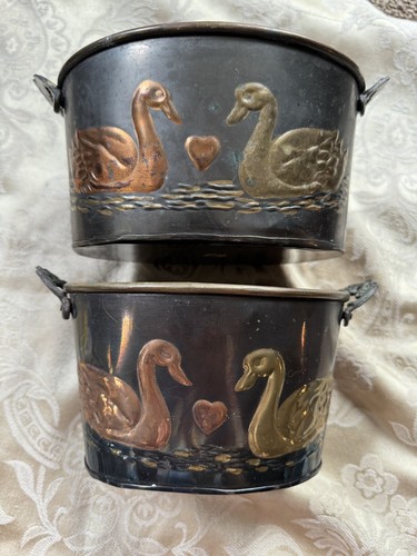 Set of 2 Swan Brass Copper Planters