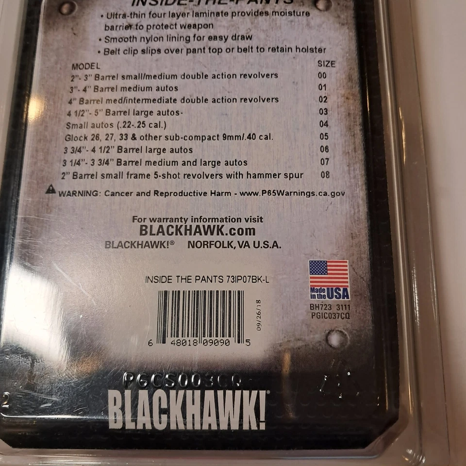 BLACKHAWK INSIDE-THE-PANTS HOLSTER SIZE 07 LEFT HAND 3 1/4" - 3 3/4" LARGE AUTOS - Image 3 of 3